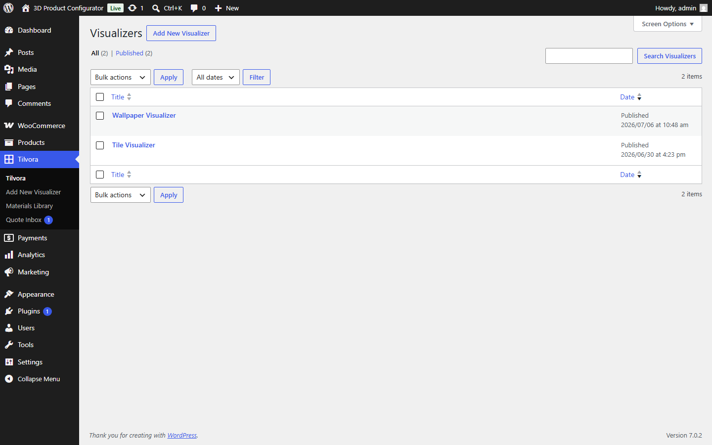 The Tilvora visualizer projects list in wp-admin, showing two published projects.
