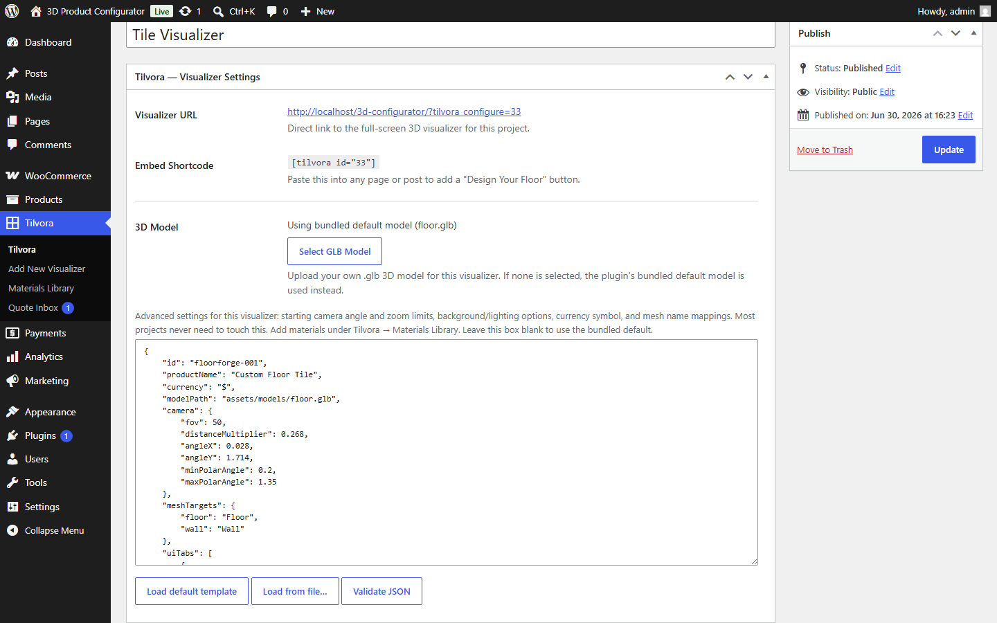 The Tilvora Visualizer Settings metabox on a project's edit screen, showing the Visualizer URL, shortcode, 3D Model picker, and Config JSON box.