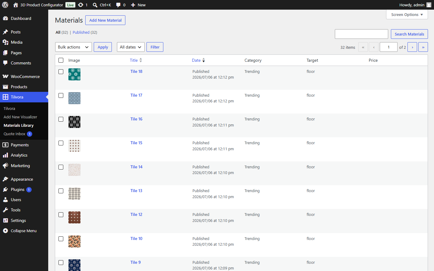 The Materials Library list in wp-admin, showing a grid of published tile products with their thumbnail, category, target, and price columns.