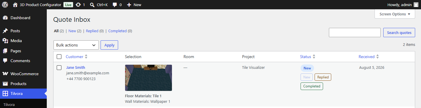 The Quote Inbox list showing a customer row with their name, email, phone, a design thumbnail, their floor and wall material selection, project, status badge with inline status-change links, and received date.