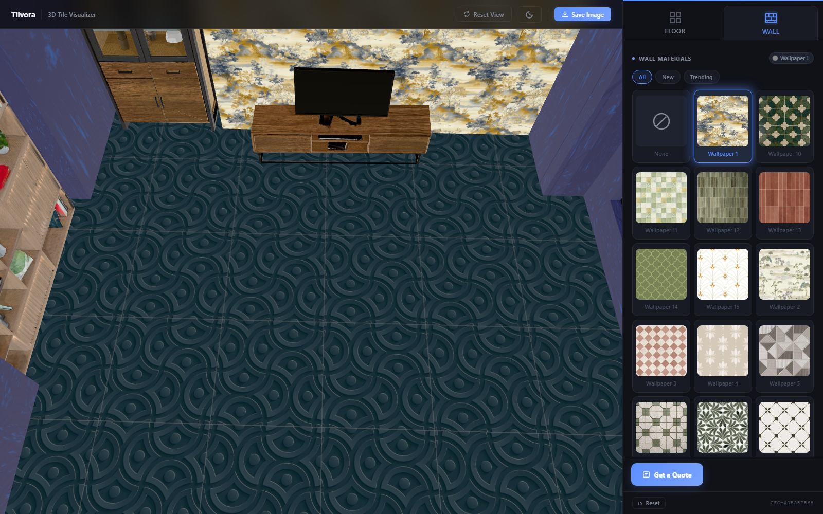 The full-screen Tilvora visualizer showing a room with a floor tile and a wallpaper applied, and the Floor/Wall material panel open on the right.