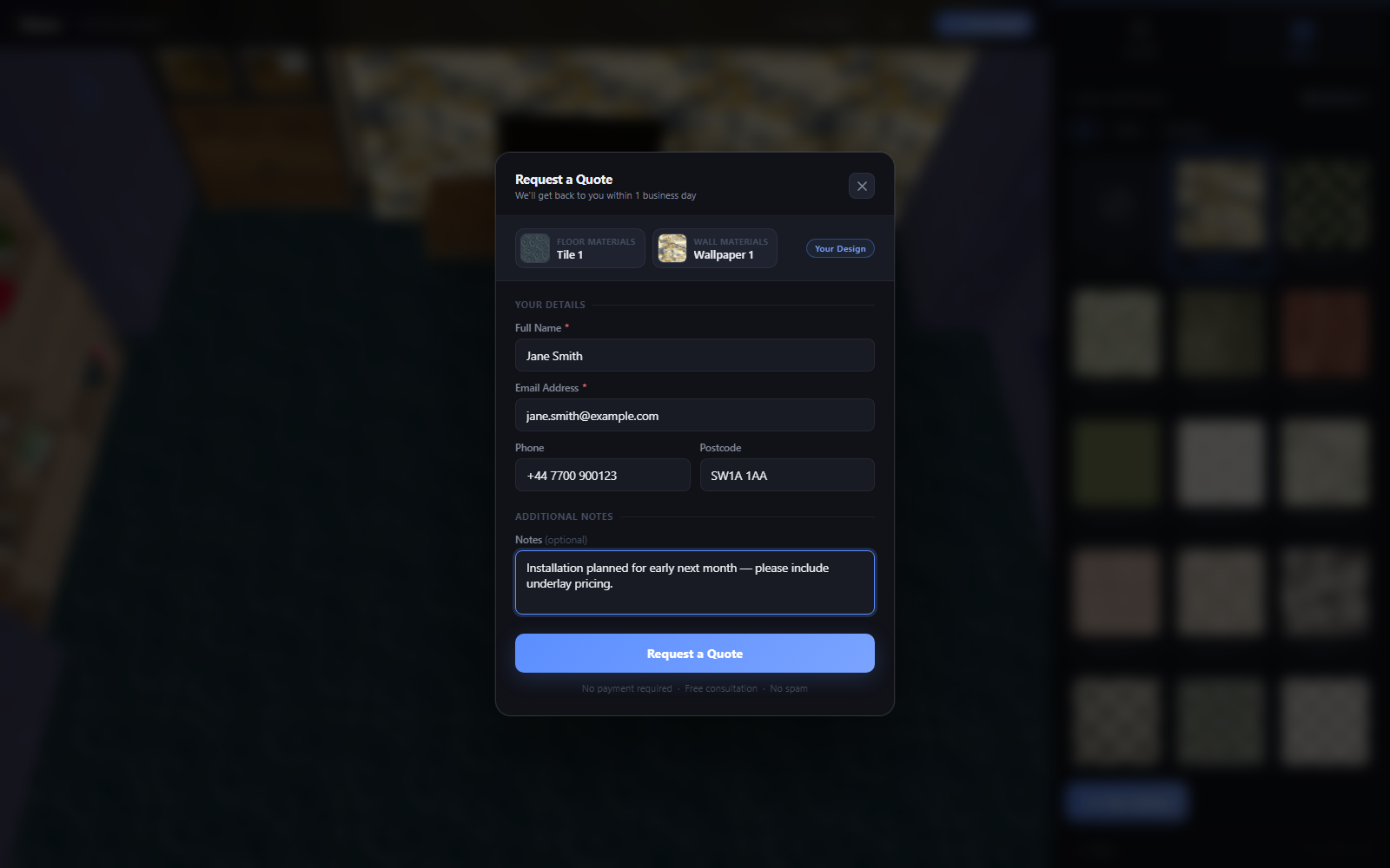 The Request a Quote modal, showing selection chips for the chosen floor and wall materials above a form with Full Name, Email, Phone, Postcode, and Notes fields filled in.