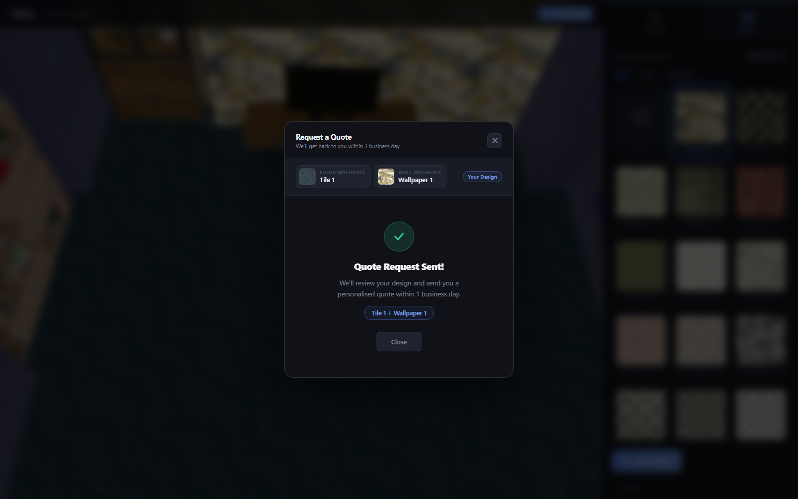 The quote modal's success state, showing a checkmark, 'Quote Request Sent!', and a summary of the selected materials.